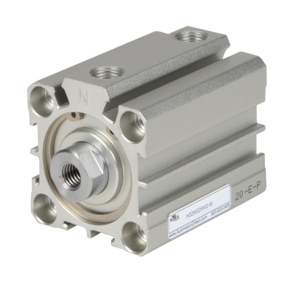 NITRA pneumatic air cylinder, compact extruded, 32mm bore, 25mm stroke, double acting, magnetic piston, tapped end caps mount. NITRA pneumatic air cylinder, compact extruded, 32mm bore, 25mm stroke, double acting, magnetic piston, tapped end caps mount.